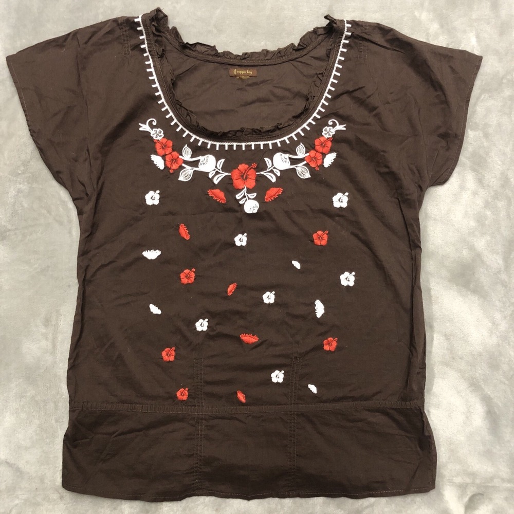 Copper Key Top Women's M Brown Floral Embroidered Blouse Peasant Boho Ruffle Y2K